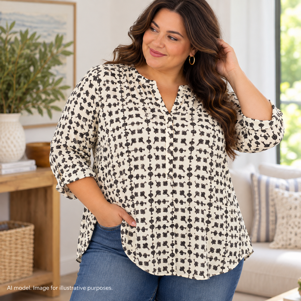 Talbots Shirt Women 2X White Black Flowy Romantic Skeleton Key All Over Print